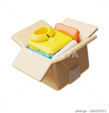 3D illustration of open cardboard box with clothes, donation. 126125251