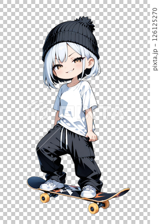 戴著針織帽的女孩一邊玩滑板一邊咧嘴笑 126125270