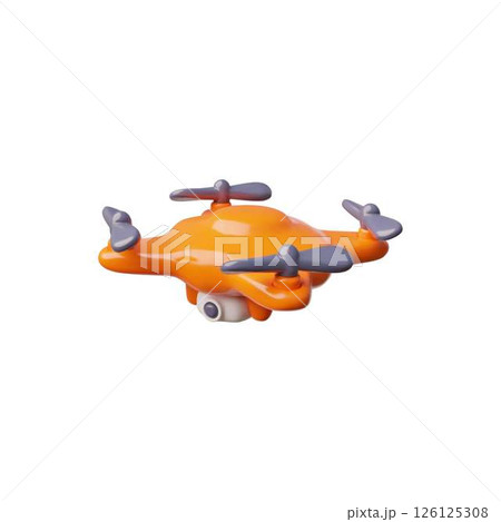 Drone 3D cartoon vector icon, realistic flying wireless orange quadcopter with remote controllers, unmanned aerial drone Drone 3D cartoon vector icon, realistic flying wireless orange quadcopter with remote controllers, unmanned aerial drone 126125308
