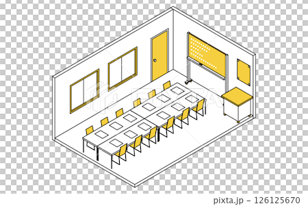 簡單可愛的等距線繪圖例，描繪了一間學校會議室，配有白板和會議桌 126125670