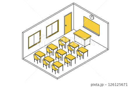黒板と教卓、机と椅子が並ぶ学校の教室のシンプルでかわいいアイソメトリック線画イラスト 126125671