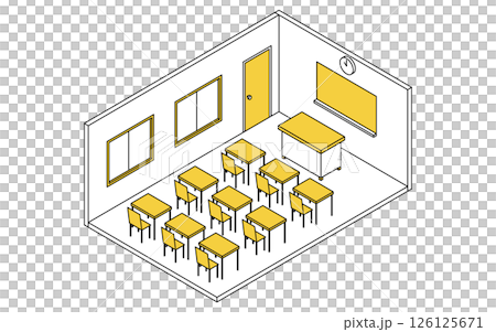簡單可愛的等距線描插圖，描繪了一間學校教室，裡面有黑板、老師的辦公桌以及桌椅 126125671