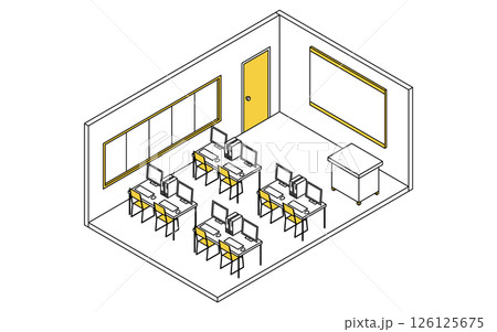 パソコンの並ぶ学校のコンピューター室のシンプルでかわいいアイソメトリック線画イラスト 126125675