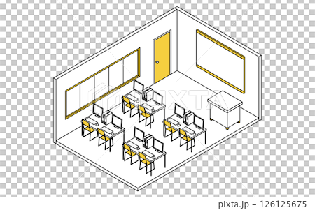 A simple and cute isometric line drawing illustration of a school computer lab with computers lined up 126125675