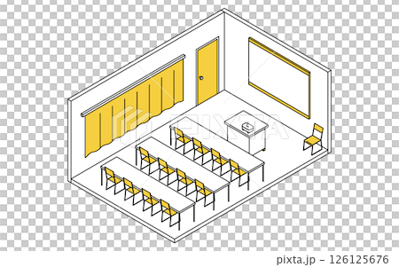 Simple and cute isometric line drawing illustration of a school audiovisual room with a large screen and projector 126125676