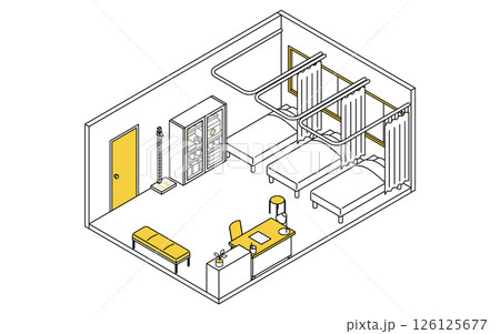 ベッドが並ぶ学校の保健室のシンプルでかわいいアイソメトリック線画イラスト 126125677