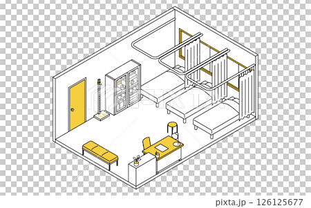 ベッドが並ぶ学校の保健室のシンプルでかわいいアイソメトリック線画イラスト 126125677