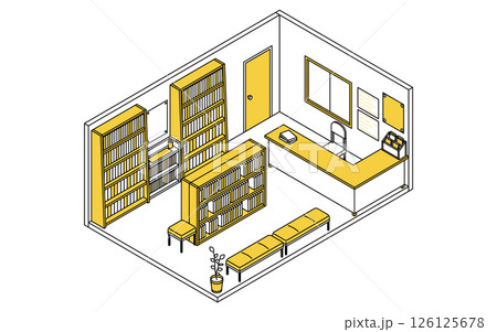 本棚が並ぶ学校の図書室のシンプルでかわいいアイソメトリック線画イラスト 本棚が並ぶ学校の図書室のシンプルでかわいいアイソメトリック線画イラスト 126125678