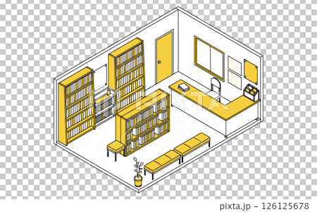 本棚が並ぶ学校の図書室のシンプルでかわいいアイソメトリック線画イラスト 本棚が並ぶ学校の図書室のシンプルでかわいいアイソメトリック線画イラスト 126125678