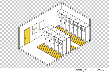 A simple and cute isometric line drawing illustration of a school changing room with lockers 126125679