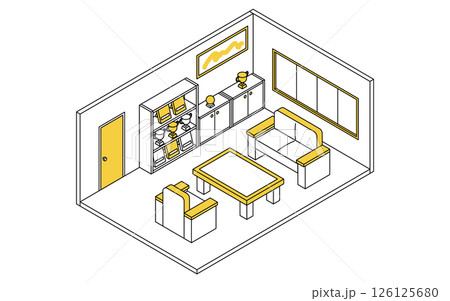 トロフィーや盾が並ぶ学校の応接室のシンプルでかわいいアイソメトリック線画イラスト トロフィーや盾が並ぶ学校の応接室のシンプルでかわいいアイソメトリック線画イラスト 126125680