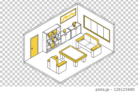 トロフィーや盾が並ぶ学校の応接室のシンプルでかわいいアイソメトリック線画イラスト トロフィーや盾が並ぶ学校の応接室のシンプルでかわいいアイソメトリック線画イラスト 126125680