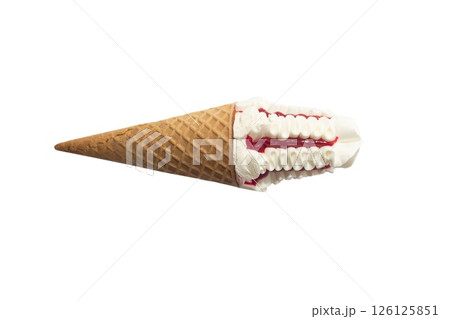 Ice cream in a waffle cone with strawberry or raspberry topping isolated on white background Ice cream in a waffle cone with strawberry or raspberry topping isolated on white background 126125851