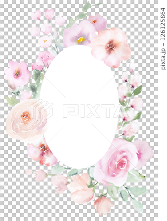 Oval rame with Watercolor light pink flowers and leaves, pastel wedding isolated illustration 126125864