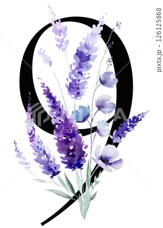 Black number 9 with watercolor purple lavender flowers bouquet, summer floral wedding element Black number 9 with watercolor purple lavender flowers bouquet, summer floral wedding element 126125868