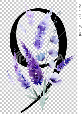 Black number 9 with watercolor purple lavender flowers bouquet, summer floral wedding element Black number 9 with watercolor purple lavender flowers bouquet, summer floral wedding element 126125868