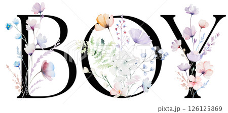 Word BOY made with pastel pink watercolor flowers and leaves, isolated baby shower illustration Word BOY made with pastel pink watercolor flowers and leaves, isolated baby shower illustration 126125869