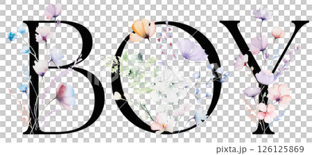 Word BOY made with pastel pink watercolor flowers and leaves, isolated baby shower illustration Word BOY made with pastel pink watercolor flowers and leaves, isolated baby shower illustration 126125869