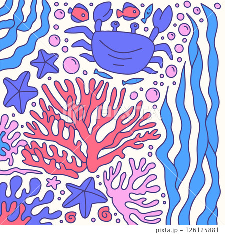 Flat doodle Design Coral and Seaweed wit crab, fish squire Composition on White Background. Minimalist Marine contour Vector Illustration Flat doodle Design Coral and Seaweed wit crab, fish squire Composition on White Background. Minimalist Marine contour Vector Illustration 126125881