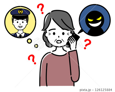 偽警察官の電話をうけ疑う高齢女性(上半身) 偽警察官の電話をうけ疑う高齢女性(上半身) 126125884