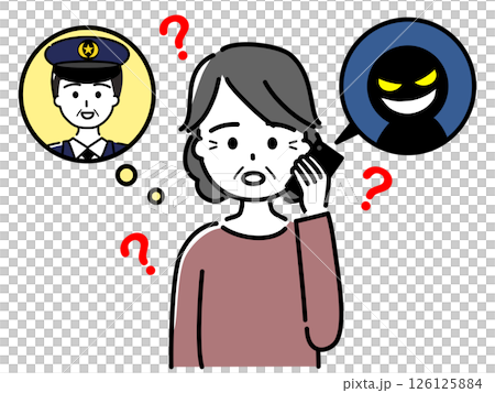 偽警察官の電話をうけ疑う高齢女性(上半身) 偽警察官の電話をうけ疑う高齢女性(上半身) 126125884