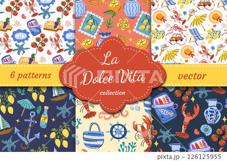 La Dolce Vita themed vector patterns set with sun, lemon, pasta, tomatoes and seafood. A celebration of Italian lifestyle and joyful summer. La Dolce Vita themed vector patterns set with sun, lemon, pasta, tomatoes and seafood. A celebration of Italian lifestyle and joyful summer. 126125955