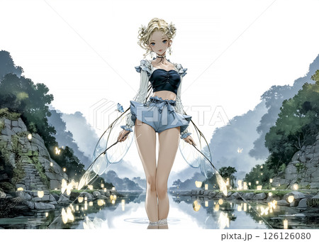 水辺を歩くホタルの妖精のイラスト素材 126126080