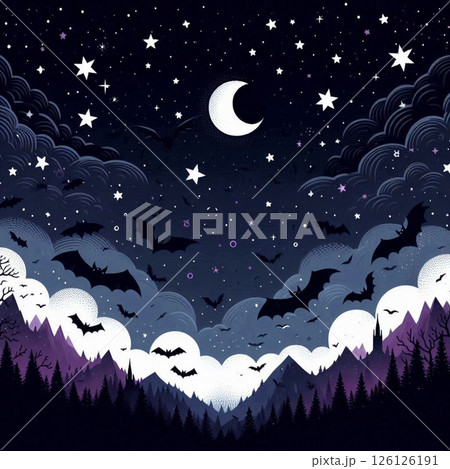 ハロウィンの夜空に舞う星とコウモリの幻想風景 126126191