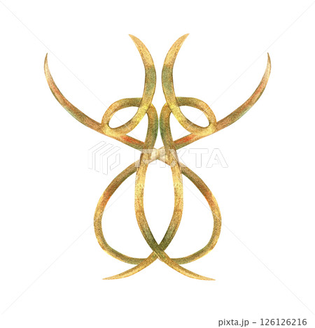 Gold ornament of vibrant collection. Curls, ribbons elements hand-painted in watercolor with gold paint accents. Isolate is presented for decorating textiles, interior, wallpaper, prints, packaging 126126216