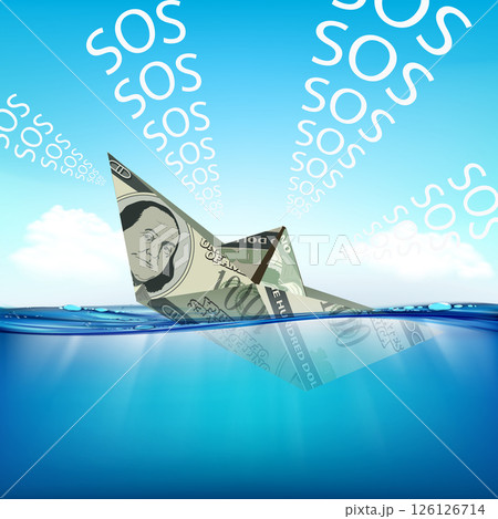Sinking paper boat made of paper money dollars 126126714