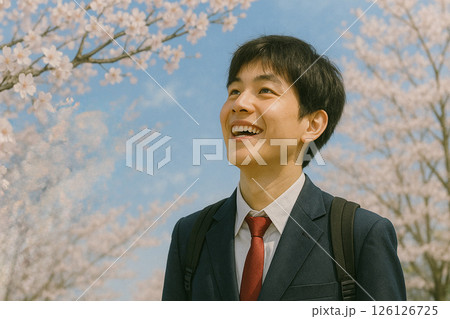 満開の桜を見上げて笑顔を見せる男子高校生 126126725