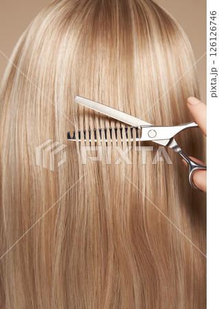 Hairdresser cuts long blonde hair with scissors 126126746