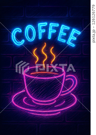 ネオンサイン風のコーヒーカップと「COFFEE」文字のイラスト 126126779