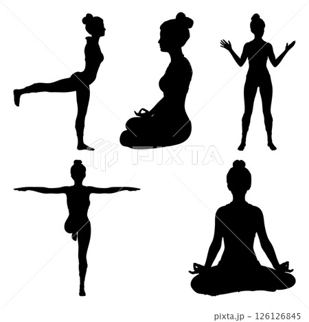 Woman performs yoga exercises silhouettes 126126845