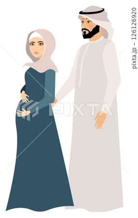Vector people. Muslim family. Pregnant muslim woman and her husband in traditional dress. Vector 126126920