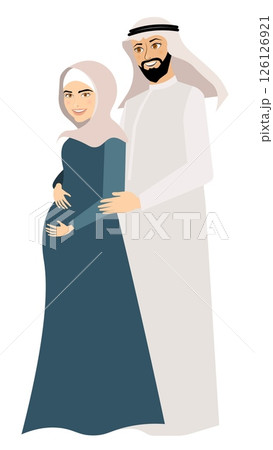 Vector people. Muslim family. Happy pregnant muslim woman and her husband in traditional dress. Vector 126126921