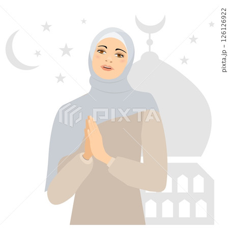 Vector people. Muslim woman in hijab. A girl prays against the backdrop of a mosque. Vector 126126922