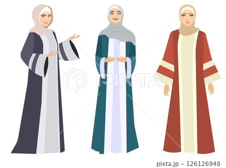 Muslim woman in hijab. Beautiful girls in beautiful dresses.   Modern Muslim women in traditional hijabs. Vector people. Color vector illustration 126126948
