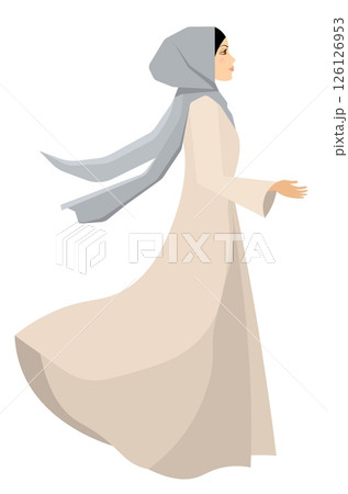 Muslim woman in hijab. A beautiful girl stands sideways in a beautiful dress. Modern Muslim women in traditional hijabs. Vector people. Color vector illustration Muslim woman in hijab. A beautiful girl stands sideways in a beautiful dress. Modern Muslim women in traditional hijabs. Vector people. Color vector illustration 126126953