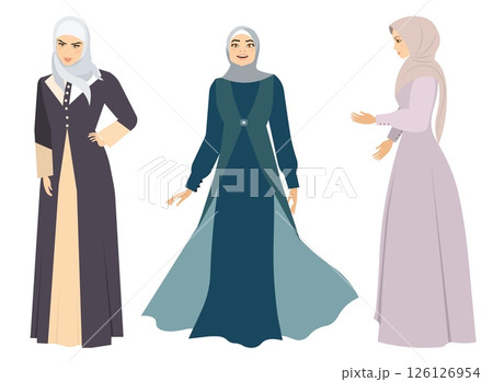 Muslim woman in hijab. Beautiful girls in festive dresses. Modern Muslim women in traditional hijabs. Vector people. Color vector illustration 126126954