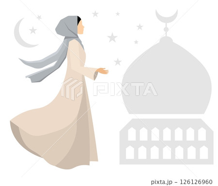 Muslim woman in hijab. A girl prays near a mosque.  Modern Muslim women in traditional hijabs. Vector people. Color vector illustration 126126960