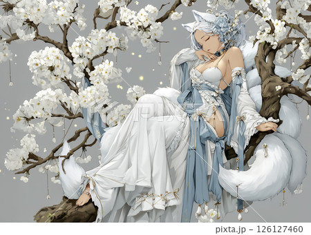 木の上で眠るキツネの妖精のイラスト素材 126127460