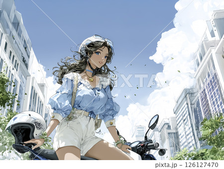 スクーターで買い物に来た若い女性のイラスト素材 126127470