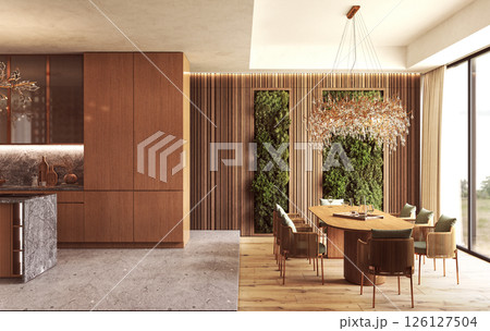 Elegant dining space with greenery wall and crystal chandelier Elegant dining space with greenery wall and crystal chandelier 126127504