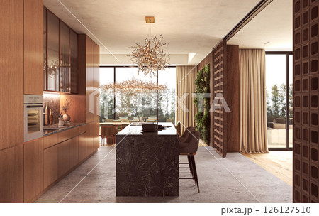 Modern luxury kitchen with marble island and natural lighting 126127510