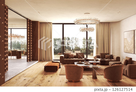 Elegant open living and dining area with natural light 126127514