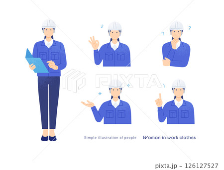 作業服を着た女性。ヘルメットをつけた現場監督。5ポーズセット。 作業服を着た女性。ヘルメットをつけた現場監督。5ポーズセット。 126127527