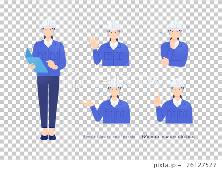 一名身穿工作服的婦女。現場主管戴著安全帽。一組 5 個姿勢。 一名身穿工作服的婦女。現場主管戴著安全帽。一組 5 個姿勢。 126127527