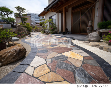 天然石を使用した高級感あるアプローチと和風外構構成 126127542