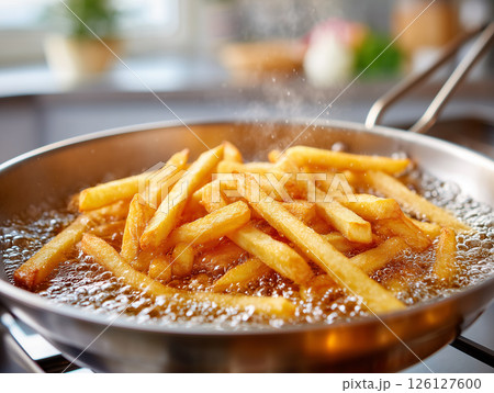 揚げたてのフライドポテトが泡立つ熱々のキッチン風景 126127600